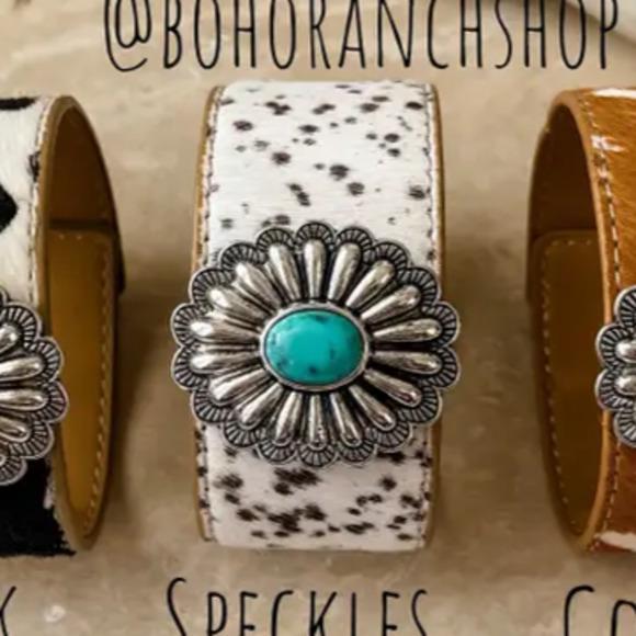Cowhide Concho Bracelets Hair On Cowhide Genuine Leather Brown Grey Speckle - Picture 1 of 11
